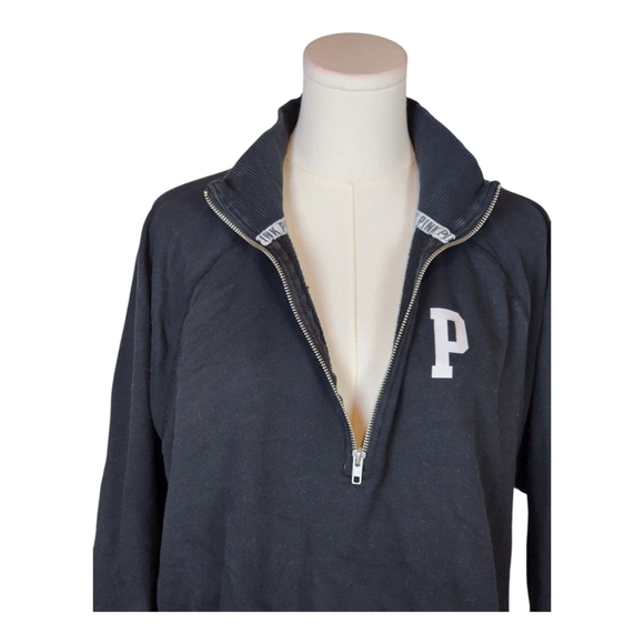 VS PINK Quarter Zip Pullover Sweatshirt Black Logo Side Stripe Relaxed Fit - Picture 2 of 10
